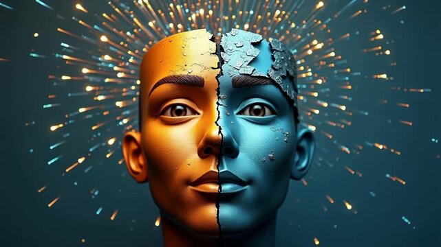 Split, sculpted face divided into golden, and teal halves, energy beams radiating from cracked head, duality concept, mental, transformation, psychology,