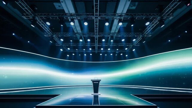 Modern stage setup with bright spotlights and a glowing curved screen creating a dynamic and futuristic backdrop for a presentation