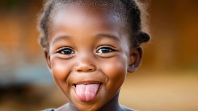 Static close up portrait of young child sticking out tongue and smiling in outdoor backyard with warm bokeh background during daytime summer