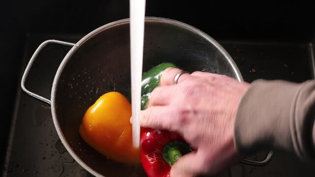 Stockholm, Sweden A cook rinses bell peppers in a colander under the faucet in a sink. 