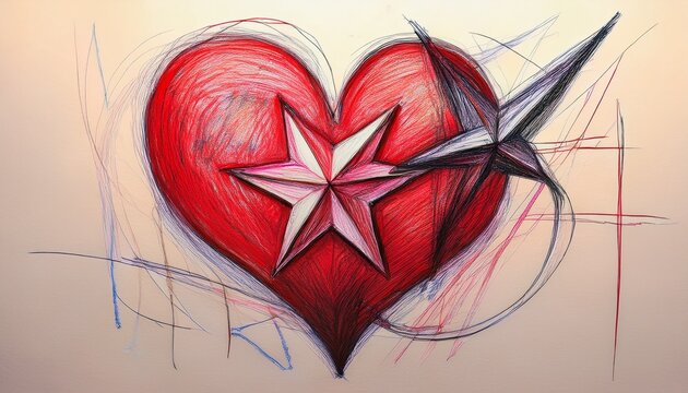 hand drawn abstract sketches of lopsided heart and tilted star for creative design