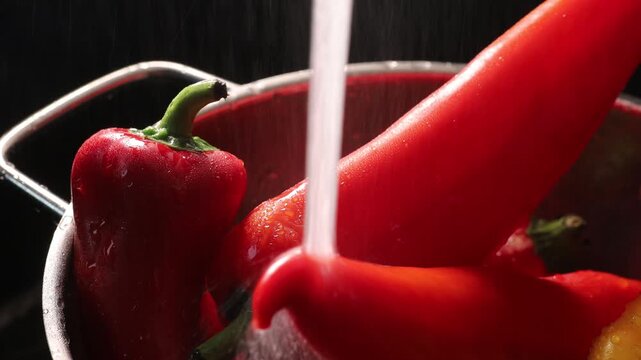 Stockholm, Sweden A cook rinses bell peppers in a colander under the faucet in a sink. 