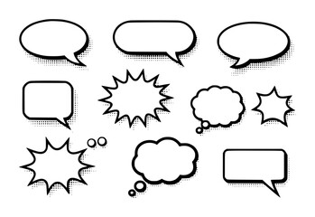 Collection of Black and White Comic Style Speech Bubbles and Thought Bubbles talk