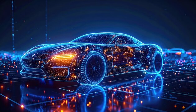 Holographic car shimmers on digital grid. Glowing orange particles swirl within a blue wireframe outline of vehicle