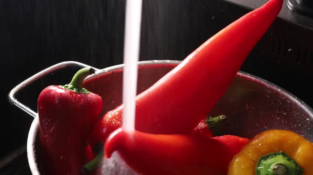Stockholm, Sweden A cook rinses bell peppers in a colander under the faucet in a sink. 