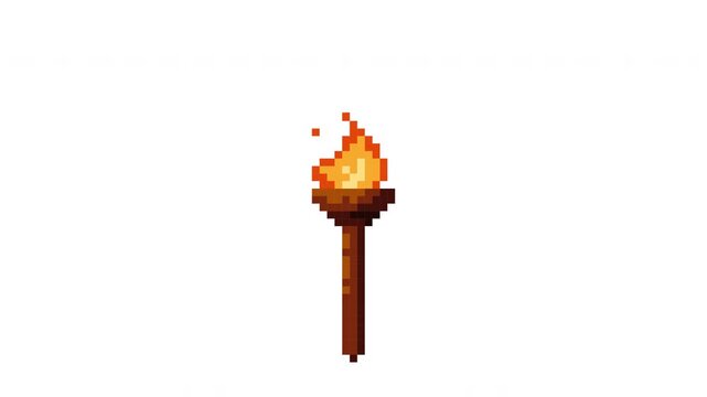 Pixel torch animation. Pixelated fire flame in retro style for 8 bit arcade game. 4K animated footage with transparent background