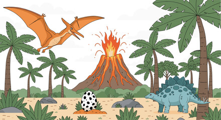 Flat vector illustration of a prehistoric landscape with an erupting volcano pterodactyl flying in the sky and a stegosaurus near a nest. © MdEmdadul