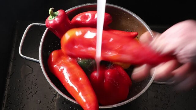 Stockholm, Sweden A cook rinses bell peppers in a colander under the faucet in a sink. 