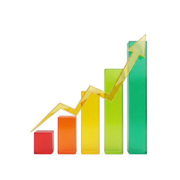 Business growth bar chart with a rising golden arrow representing financial success and positive economic trends on a transparent background