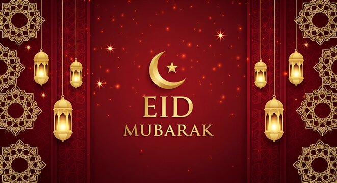 eid mubarak golden islamic greeting banner with moon and lantern