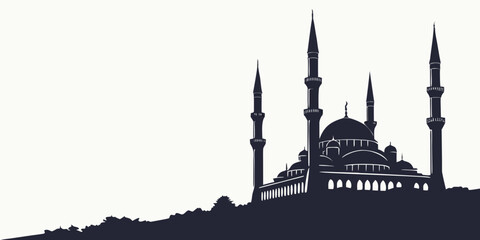 Silhouette of a majestic mosque with minarets against a white background © Mamun