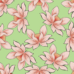 Fototapeta premium Romantic flowers with foliage pattern on a green background. Vector. 