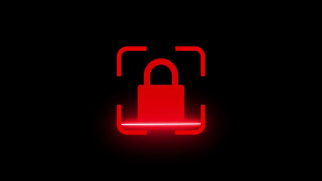 Red Neon Lock Icon Scanning Animation, Online Safety and Digital Security Concept