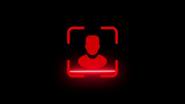 Red glowing abstract human profile icon in a scanning frame against a dark background, representing facial recognition technology, surveillance, and identification.