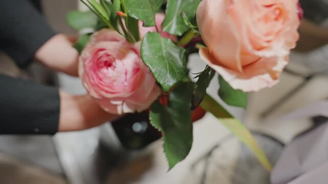 Decorative floral display setup. Florist adjusting stems and ribbons near store entrance steps. Candid retail moment capturing florist decorating with berries and roses by shop doorway