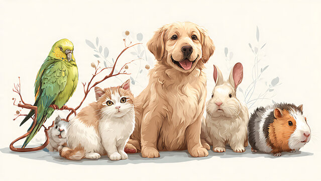 Row of cute pets sitting together, dog cat rabbit parrot and hamsters