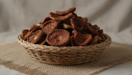 Obraz premium Heap of dried porcini mushrooms in a wicker basket, showcasing their earthy flavor and aroma for culinary preparation