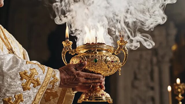 Close-up of a priest in ornate vestments using a golden censer with burning incense during
