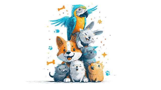 Cute cartoon pet stack illustration with dog cat and parrot