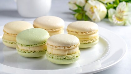 Obraz premium Elegant Pastel Macarons on a White Plate with Floral Backdrop.