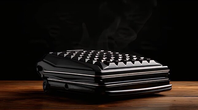 A black, open, electronic appliance sits on a wood surface against a dark backdrop. The device is in focus with a close-up, shadowed design