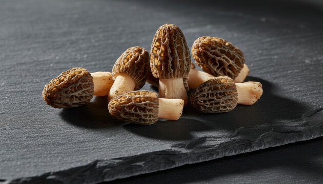 A handful of fresh, raw morel mushrooms displayed on a dark stone surface