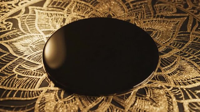Close-up of a smooth, dark, circular object resting on a decorative, intricate golden mandala