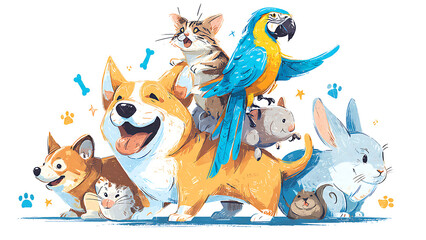Fototapeta premium Large group of joyful pets playing together illustration