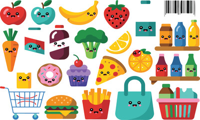 Fototapeta premium Cute Supermarket Food Character Vector Set with Fruits, Vegetables, Snacks, Drinks and Colorful Kawaii Grocery Icons