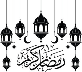 Ramadan kareem lanterns and crescent moons in arabic calligraphy © Progotibd303