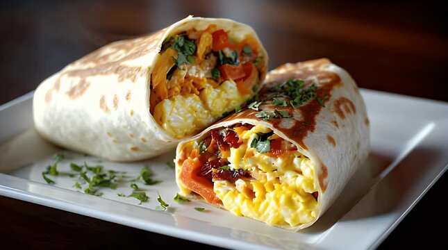 A close-up shot features two halves of a breakfast-style wrap on a white rectangular plate. Each wrap contains eggs, tomatoes, and greens