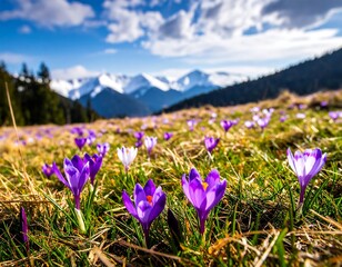 Obraz premium Purple crocus flowers in a mountain meadow under blue sky with snowy mountain peaks