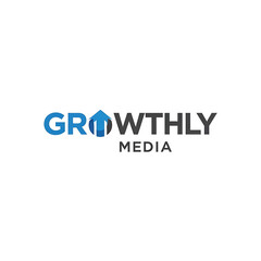 Fototapeta premium A dynamic blue and grey Growthly Media logo with an upward arrow.