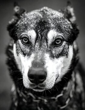 A close-up black and white portrait of a dog with a chain collar