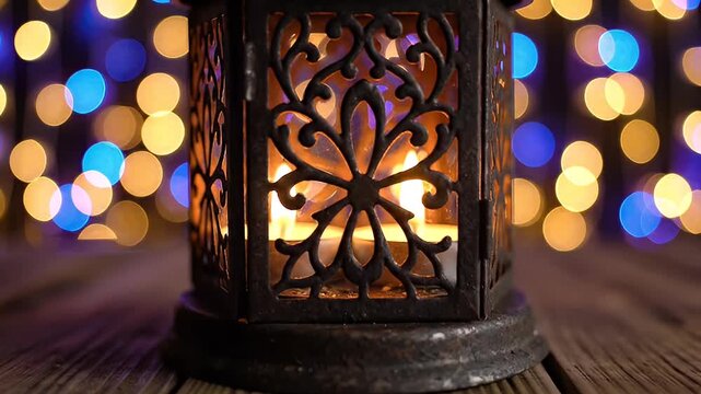 Close-up of a vintage metal lantern with intricate scrollwork and a lit candle inside, set against