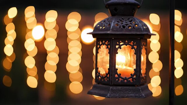 Close-up of a vintage rustic lantern with a candle inside, illuminated against a blurred background