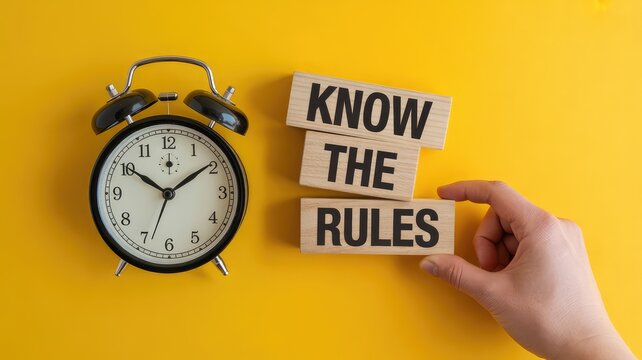 A person carefully places wooden blocks spelling out know the rules next to an old fashioned alarm clock on a 
