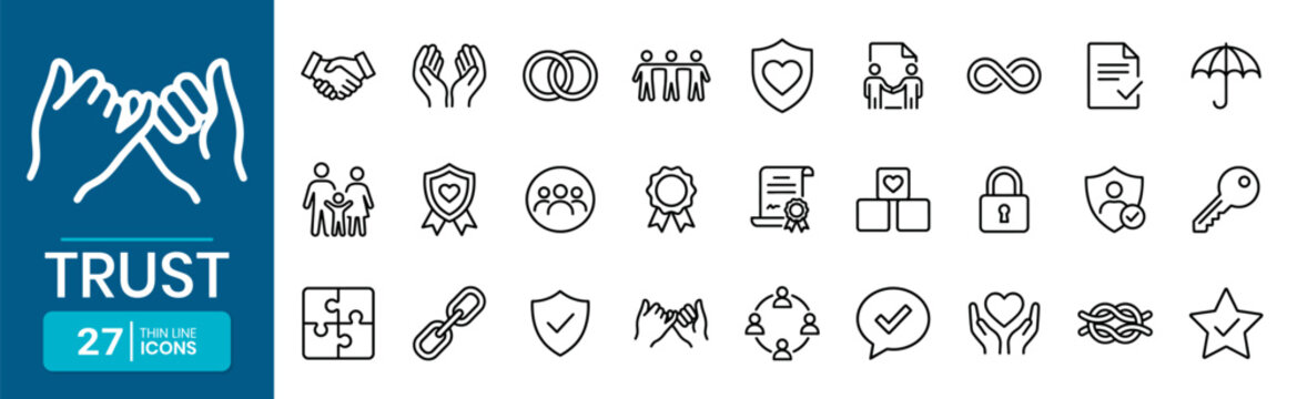 Trust Thin Line Icon Set Modern Minimal Monoline Style Consistent Thin Stroke Width Black Outline White Background Clean Vector