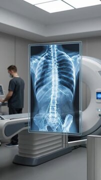 A medical professional analyzes a human torso x-ray on a futuristic vertical video screen in a modern ct scan room.