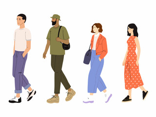 Obraz premium Four diverse individuals depicted in a simple flat illustration style walking in a row