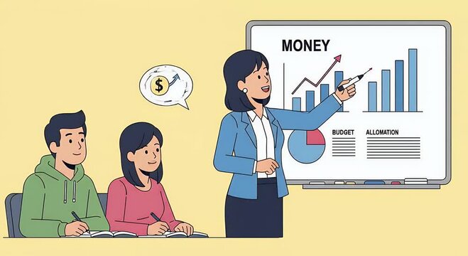 A business presentation with a female presenter pointing at financial charts students taking notes and a thought bubble with dollar sign