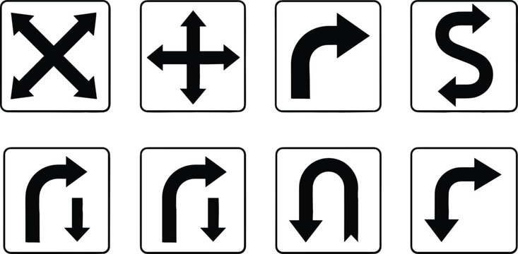 Framed Directional Traffic and Wayfinding Icon Set Featuring U-Turns S-Curves and Multi-Directional Pointers for Navigation Design