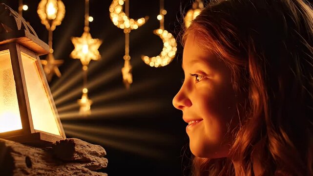 Close-up profile of a young girl's face illuminated by a warm lantern, with decorative glowing moon