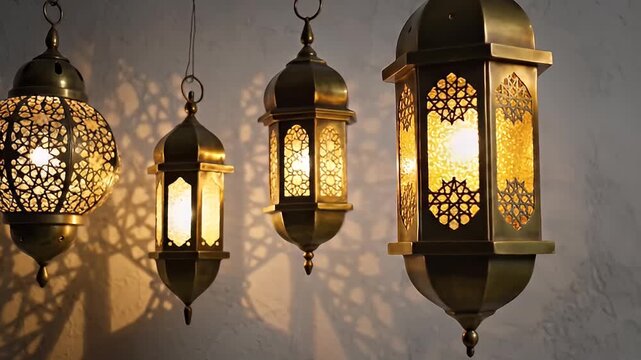 Close-up of four ornate brass Moroccan-style hanging lanterns with intricate geometric patterns