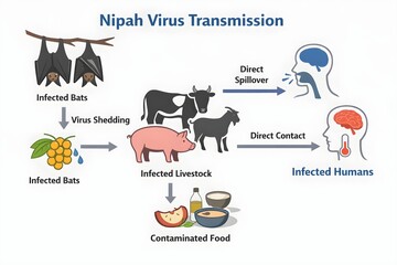 Obraz premium Nipah Virus Spread from Infected Bats to Livestock and Humans