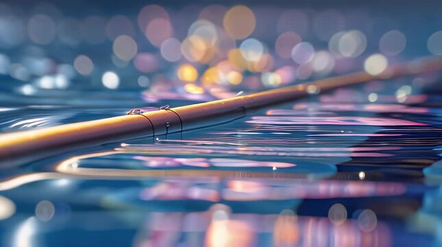 A close-up showcases a golden, cylindrical object floating on rippling blue water. Soft bokeh of lights fills the blurred background