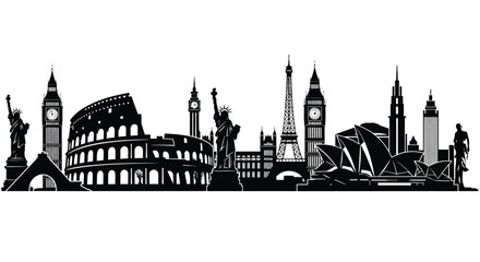 Fototapeta premium World Landmarks Skyline Silhouette with Eiffel Tower, Colosseum, Statue of Liberty, and Big Ben for Global Travel and Tourism Design