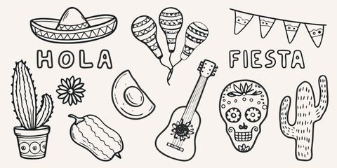 A whimsical sketch of traditional mexican fiesta elements and decorations © Nasir