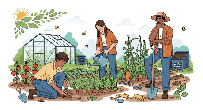 Diverse group of people working together in a vibrant community garden, tending to plants and vegetables under a sunny sky.
