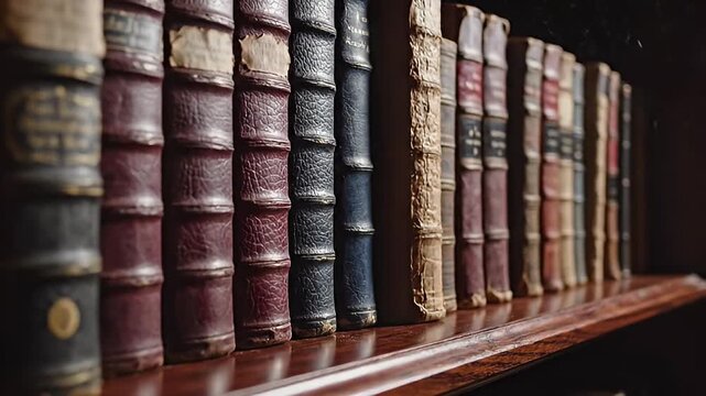 Close-up of an antique wooden bookshelf filled with old leather-bound books, showcasing their aged